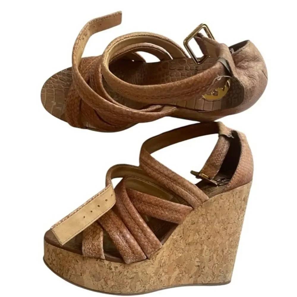 Tory Burch Jeanine Brown Snake Print Cork Wedge Sandals